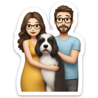 Hyperrealist pregnant girl with half long brown hair with glasses, a boy with long beard, glasses and short hair and english sheepdog sticker