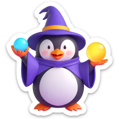 penguin wizard holding a glowing orb, 3D emoji style sticker