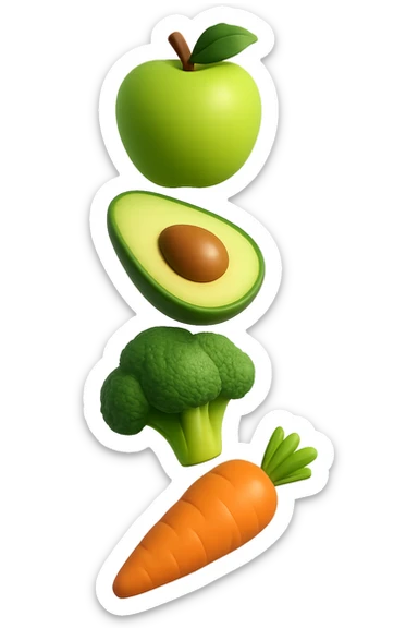 emoji stile iphone in 3d di cibo sano che fluttua in aria vericalmente, iperrealistico 4k sticker