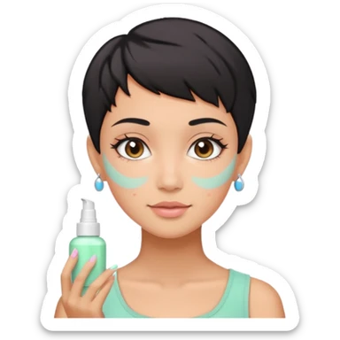 tan girl with black hair & a pixie cut no earrings doing cute pastel colors skin care sticker