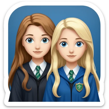 a pretty ravenclaw girl with long brown hair and blue eyes standing with a hot Slytherin girl with long blonde hair, blue eyes and big boobs  sticker