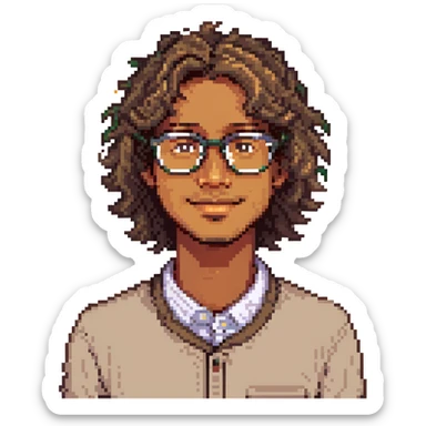 Create a pixel art portrait of a man with wavy hair, glasses, light brown skin, and a small mole on his left cheek. Capture his friendly expression in pixel art style. sticker