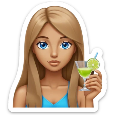tan woman, long light brown straight hair, blue eyes, holding a shot with lime sticker
