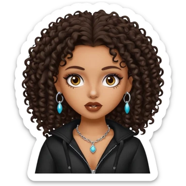 pretty bratz baddie, dark brown curly head, tan skin, nose piercing sticker