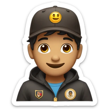 Create a brown boy with black hair winking with dark brown eyes and happy with a black hat and the cap has a logo with a medal sticker