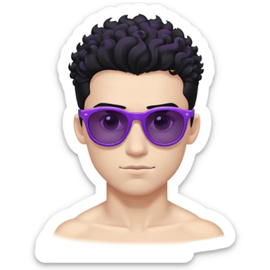 shirtless male athlete with white skin and moderately curly black hair on top with shaved sides, wearing purple sunglasses with black tinted lenses sticker