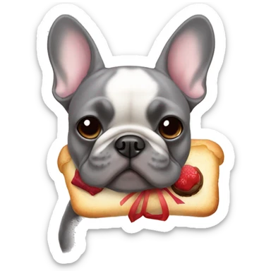 Grey French bulldog that’s wearing a bow and has French pastries  sticker