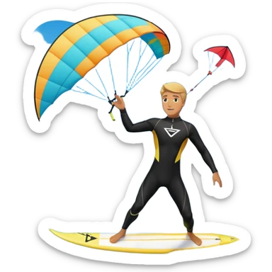 Kiter man con neopreno negro largo en el mar con una cometa kite surf de 18 metros,haciendo kite surf y el truco downloop sticker