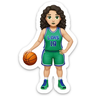 full body plus size light skin latino women basketball player with wavy dark hair large wide nose wearing blue with green uniform sticker