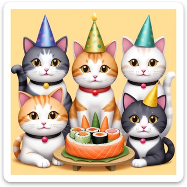 Nine cats eating sushi at a birthday party sticker