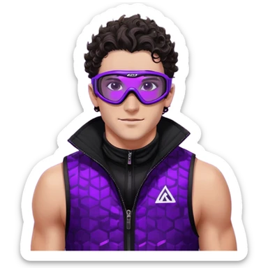 close-up of male athlete with white skin and moderately curly dark brown hair on top with shaved sides, wearing ski goggles with purple frames and very dark black lenses, a simple plain black chain necklace, and a completely unzipped sleeveless vest with purple and black sequin fire pattern design with no logo, with an arrogant smug smirk on his face, looking confident and cocky sticker