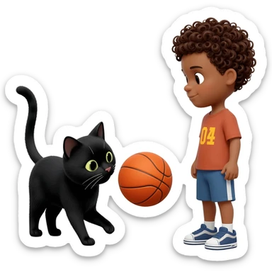 Black cat playing with orange basketball and a little boy with curly hair sticker