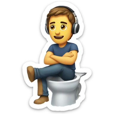 Man sitting toilet wearing headset, brown hair, water sticker