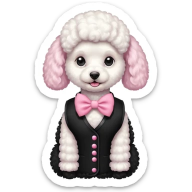 Caniche blanca con chaleco negro con un moño rosa sticker