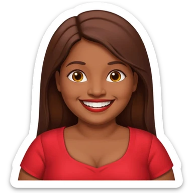 50 yr old chubby Sri Lankan woman, dark skin, straight brown hair, big smile, white teeth, red dress clothes, longer hair sticker