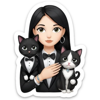 A girl with long straight black hair has upward-slanting eyeliner. She is wearing large silver hoop earrings, a black t-shirt, and a bracelet on her left hand. She is holding a  tuxedo cat with a black face  sticker