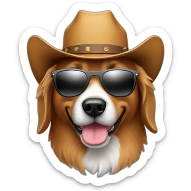 A dog with sunglasses with a cowboy hat sticker