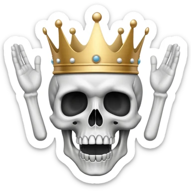 A shocked skull with a crown on top, both hands raised pressing on its head in disbelief, black and white sticker