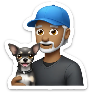 blue eyed man, with grey hair,  and grey goatee beard, wearing ball cap, holding ‘a black long hair chihuahua’ sticker