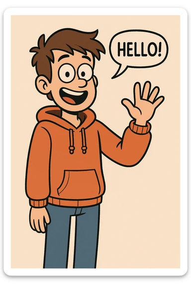 A boy brown hair how did say hello Orange hoodie blue jeans  sticker