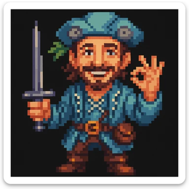 A pirate with the face of the man in the reference image, pixel art style, retro gaming aesthetic, limited color palette. sticker