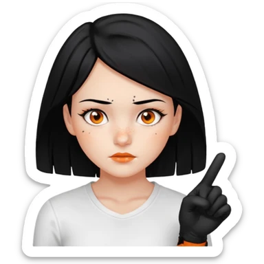 Girl with Black hair , scars on her nose to her left cheeks,orange eyes, withe shirt, pointing at you , with black gloves  sticker