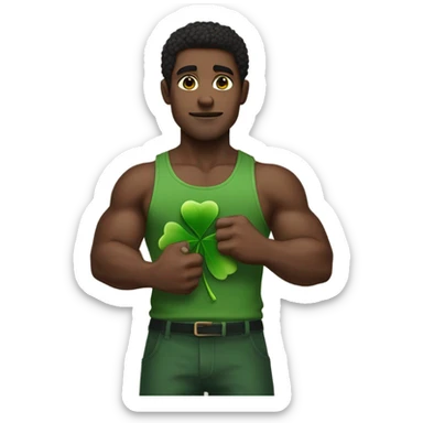 Darkskinned man with muscles holding 4 leaf clover sticker