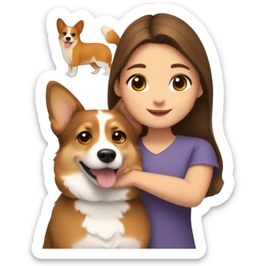 girl with brown eyes and brown hair hugs a corgi sticker