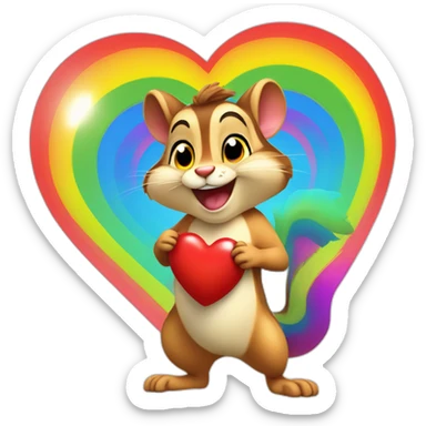 Colorful chipmunk happy smiling goving away a big red heart rainbow sticker