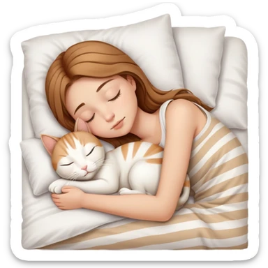 side view light brown haired teenage girl sleeping with white cat that has beige stripes on a white pillow with white sheets sticker