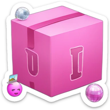 Inside a pink box, the letter "u" is in the middle, and disco ball, laptop, pencil and paint emojis peeking out from around the box. sticker