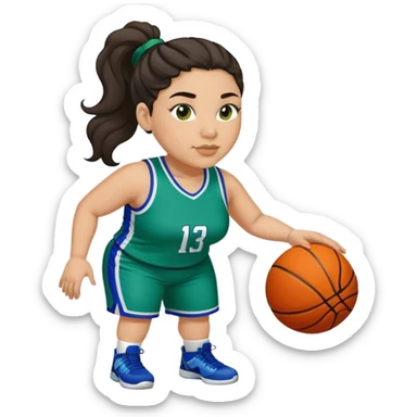  plus size light skin latino women basketball player with wavy dark hair in pony tail flat wide nose wearing blue green  uniform sticker