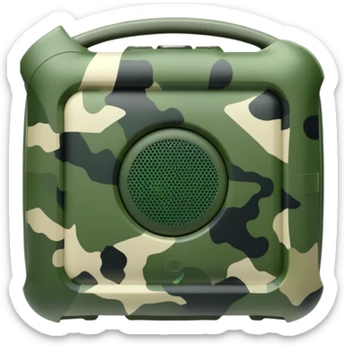 Extremely minimalist JBL Clip 4, basic geometric shape with just 2-3 green camouflage spots, iOS emoji style sticker