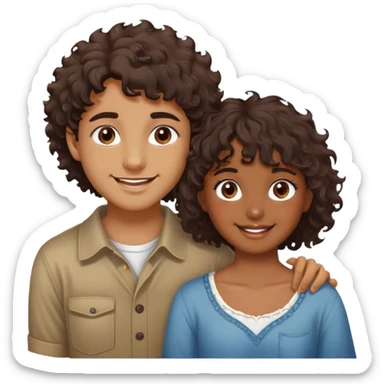 chico rubio, caucásico, ojos marrones, pelo lizo corto estilo messy fringe, sonriente, y una chica morena de piel, pelo rizado largo, sonriente sticker