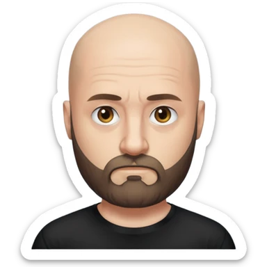 Oliver Riedel, bald, full beard, serious face, black t-shirt sticker
