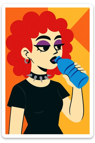 goth girl with red cherry curly hair drinking water sticker