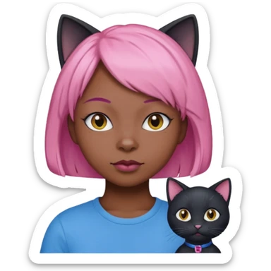Black cat wearing a short pink hair wig, blue T-shirt sticker