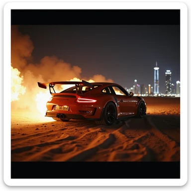 Cinematic shot, Porsche 911 gt3 rs in fire, desert, night, dubai city in background sticker