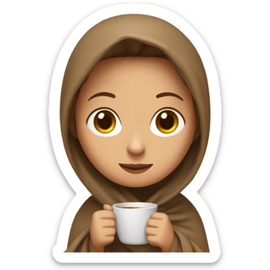 Brown hair lady wearing light brown blanket drinking coffee  sticker