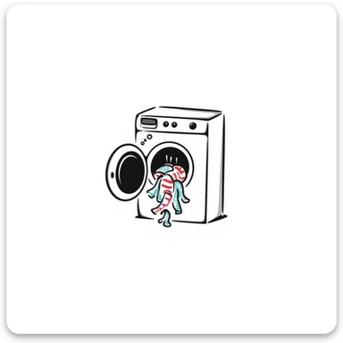 playful hand-drawn doodle of a washing machine with colorful bubbles and clothes peeking out sticker