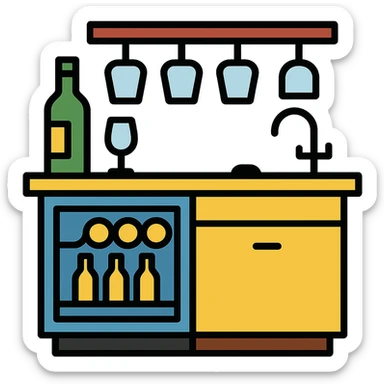 Wet bar with wine fridge and sink, glassware, wood cabinets, color outline icon style, transparent background sticker