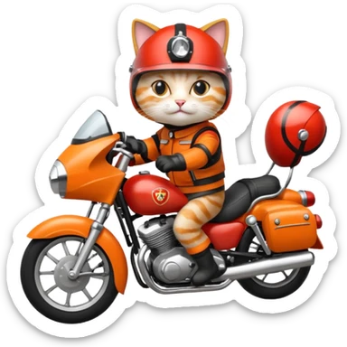 Cat on red and black motorcycle with helmet sticker