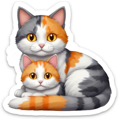 large grey and white cat cuddling a colourful light patched calico + white tabby cat sticker