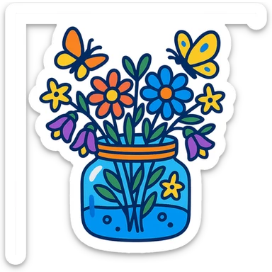 glass jar filled with forest flowers and butterflies, vibrant-toon style sticker