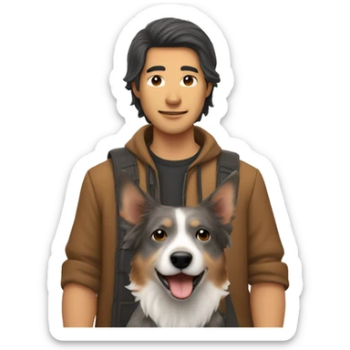 Long haired Asian man holding brown/grey Australian cattle dog  sticker