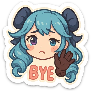 chibi style head of Gwen from League of Legends, right eye purple, one hand waving with glove, expressing a goodbye emote, sad but sweet expression, no letters sticker