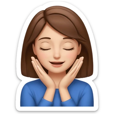 femenine smiling face posing with hands under chin, eyes closed like enjoying and brown hair  sticker