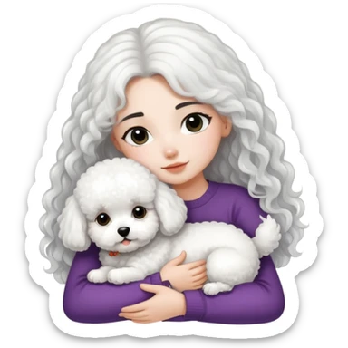 A girl with long straight black hair hugs a white curly-haired Bichon Frise puppy sticker