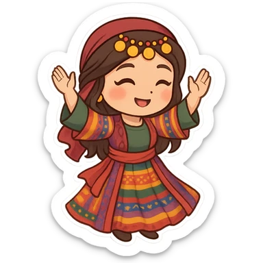 Cartoon sticker of a Kurdish woman in traditional colorful Kurdish female dress, dancing Kurdish dance with hands raised and traditional dance pose, no text, suitable for WhatsApp and Instagram, transparent background. sticker