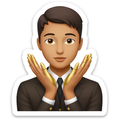 emoji style person gender-neutral slightly masculine gently kissing their own glowing gold hands symbolizing talent, proud warm playful face, compact clean lines bold colors smooth shading minimal details white or transparent background sticker